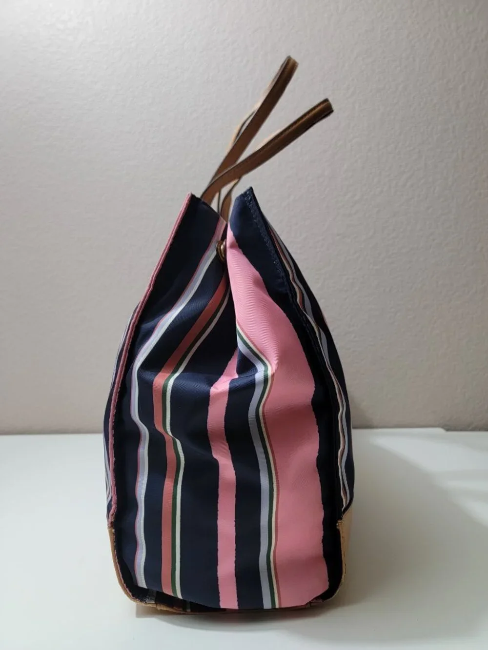Tory Burch Ella Tote Navy Pink Stripe Nylon Large Shoulder Bag Leather Trim